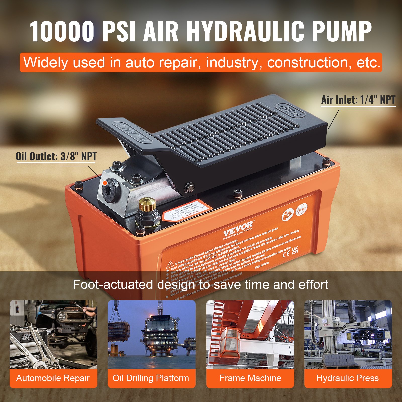 Bomba hidráulica neumática VEVOR, 10 000 PSI, depósito de 1/2 galón, salida de aceite NPT de 3/8", entrada NPT de 1/4", tubo de 6,6 pies, bomba hidráulica accionada con el pie, pedal neumático para carrocerías, máquinas y postes de tracción, color naranja