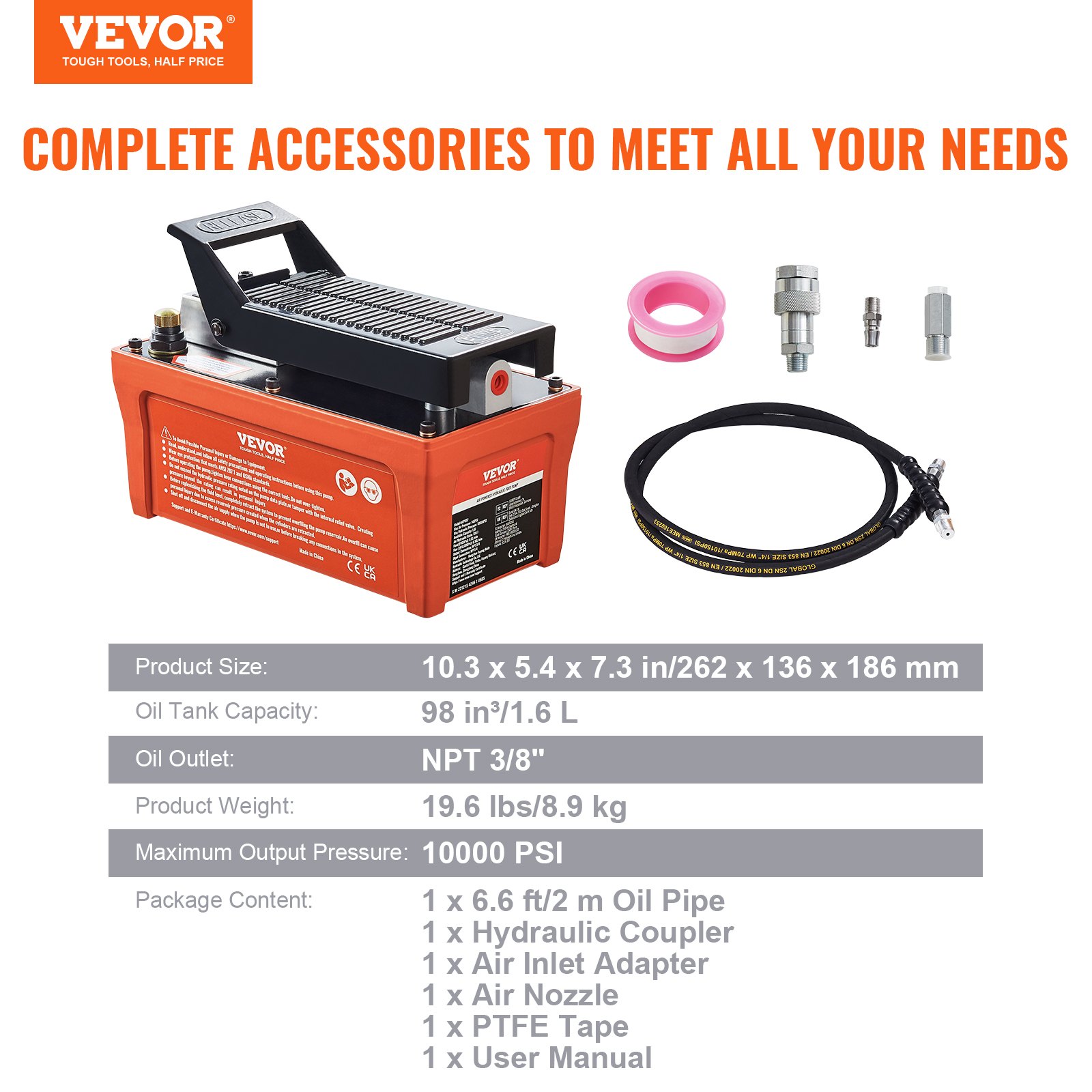 Bomba hidráulica neumática VEVOR, 10 000 PSI, depósito de 1/2 galón, salida de aceite NPT de 3/8", entrada NPT de 1/4", tubo de 6,6 pies, bomba hidráulica accionada con el pie, pedal neumático para carrocerías, máquinas y postes de tracción, color naranja