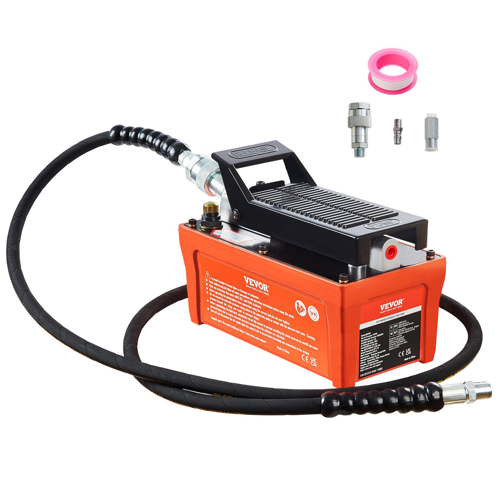Bomba hidráulica neumática VEVOR, 10 000 PSI, depósito de 1/2 galón, salida de aceite NPT de 3/8", entrada NPT de 1/4", tubo de 6,6 pies, bomba hidráulica accionada con el pie, pedal neumático para carrocerías, máquinas y postes de tracción, color naranja