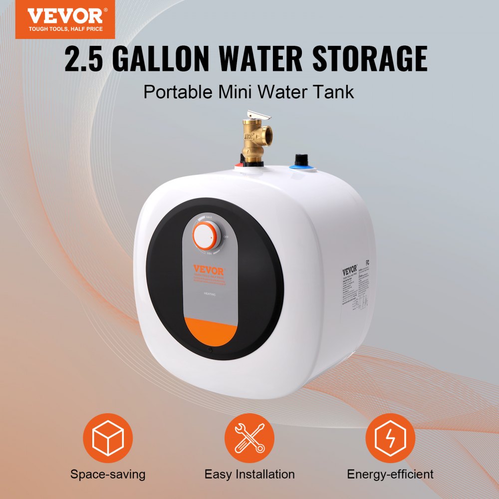 VEVOR Calentador de agua eléctrico con mini tanque, almacenamiento de caldera de agua caliente con tanque de 2,5 galones, potencia de 1400 W, válvula de presión de temperatura de seguridad fácil de instalar, para cocina, baño, restaurante, estante montado en la pared