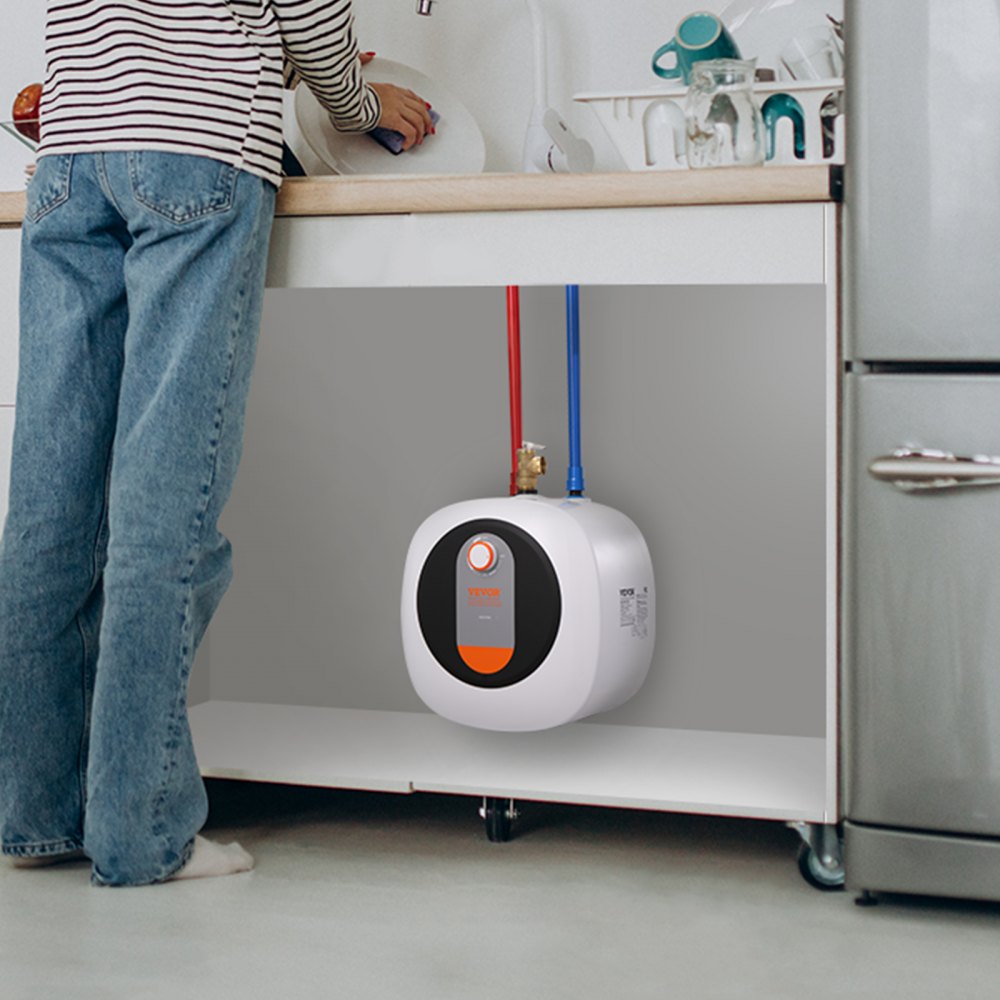 VEVOR Calentador de agua eléctrico con mini tanque, almacenamiento de caldera de agua caliente con tanque de 2,5 galones, potencia de 1400 W, válvula de presión de temperatura de seguridad fácil de instalar, para cocina, baño, restaurante, estante montado en la pared