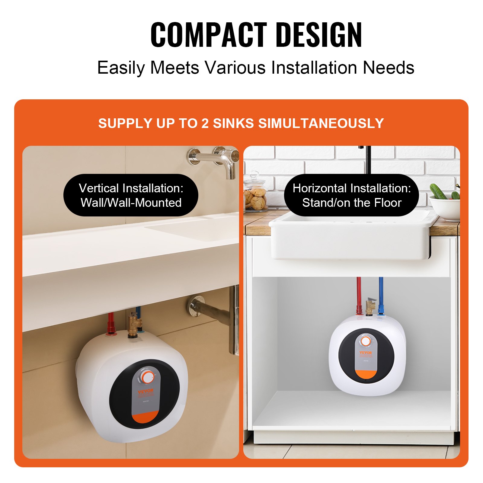 VEVOR Calentador de agua eléctrico con mini tanque, almacenamiento de caldera de agua caliente con tanque de 2,5 galones, potencia de 1400 W, válvula de presión de temperatura de seguridad fácil de instalar, para cocina, baño, restaurante, estante montado en la pared