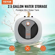 VEVOR Calentador de agua eléctrico con mini tanque, tanque de 2,5 galones, almacenamiento de caldera de agua caliente de 1440 W, válvula de presión de temperatura de seguridad, fácil instalación, para cocina, baño, restaurante, estante montado en la pared