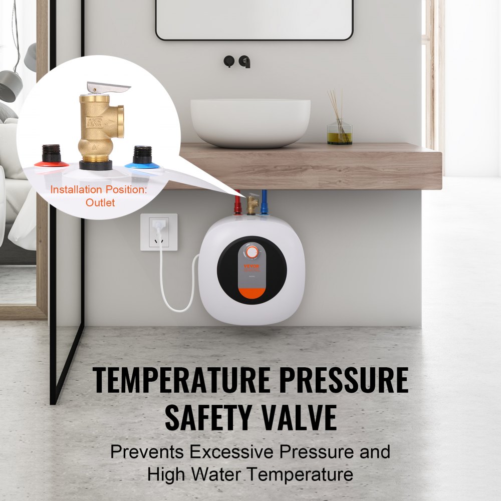 VEVOR Calentador de Agua Eléctrico Mini con Tanque 4 Galones de Almacenamiento, 1400 W, Válvula de Presión de Temperatura de Seguridad, Fácil Instalación, para Cocina, Baño, 375 x 400 x 317 mm