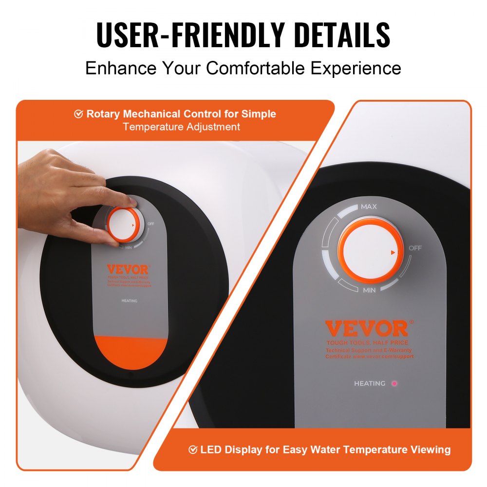 VEVOR Calentador de Agua Eléctrico Mini con Tanque 4 Galones de Almacenamiento, 1400 W, Válvula de Presión de Temperatura de Seguridad, Fácil Instalación, para Cocina, Baño, 375 x 400 x 317 mm