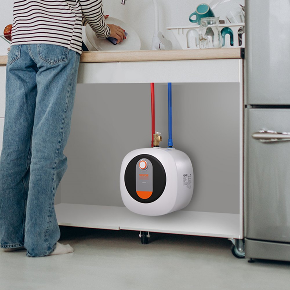 VEVOR Calentador de Agua Eléctrico Mini con Tanque 4 Galones de Almacenamiento, 1400 W, Válvula de Presión de Temperatura de Seguridad, Fácil Instalación, para Cocina, Baño, 375 x 400 x 317 mm
