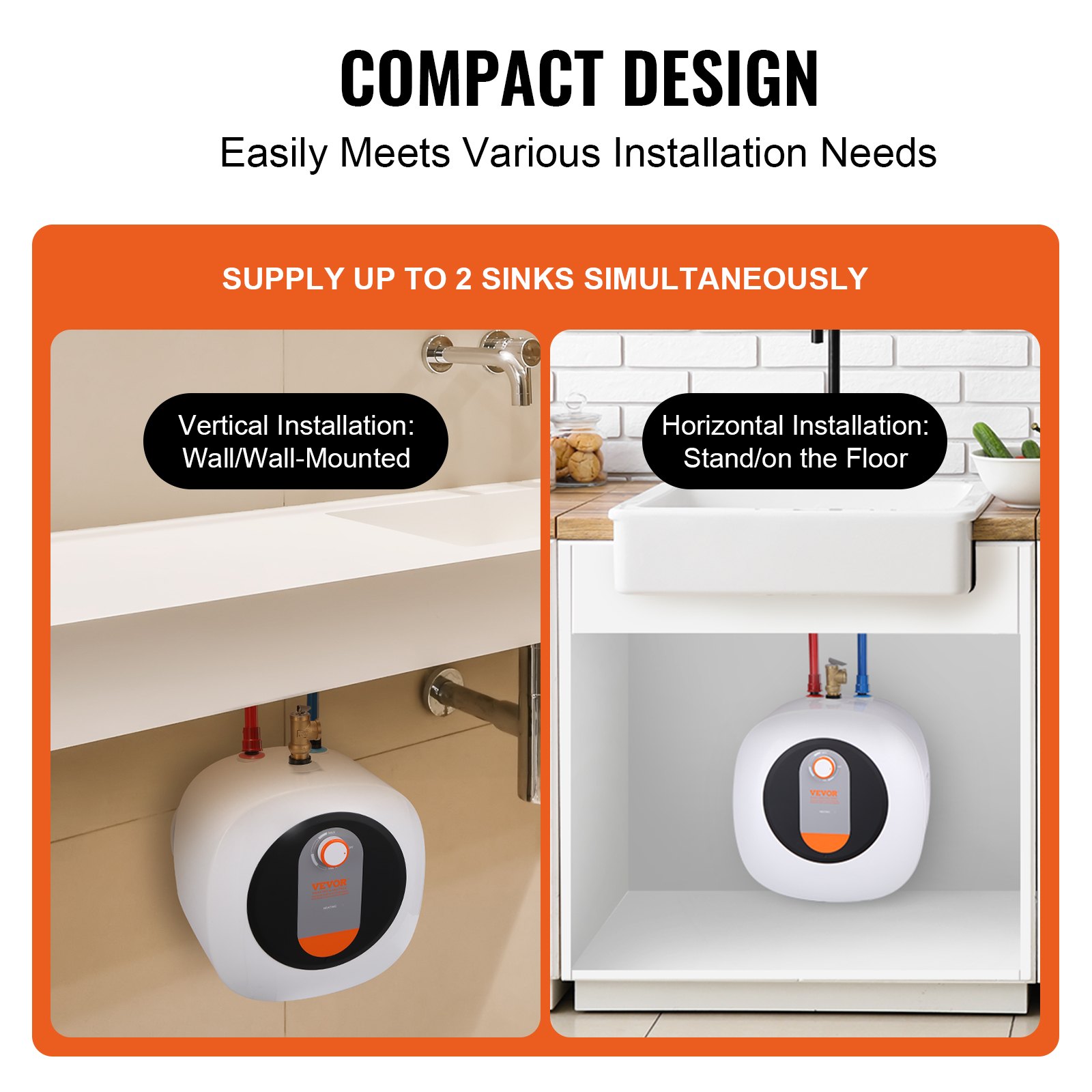 VEVOR Calentador de Agua Eléctrico Mini con Tanque 4 Galones de Almacenamiento, 1400 W, Válvula de Presión de Temperatura de Seguridad, Fácil Instalación, para Cocina, Baño, 375 x 400 x 317 mm