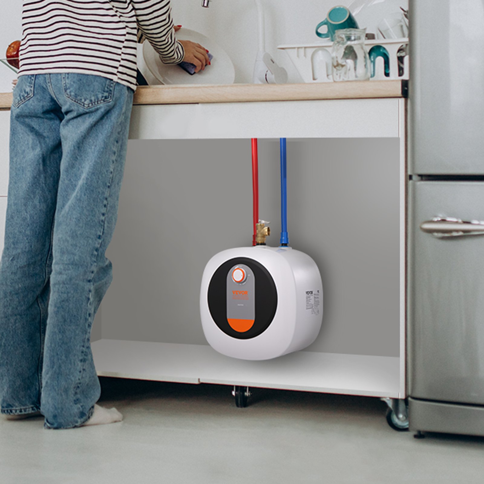 VEVOR Calentador de Agua Eléctrico Mini con Tanque 4 Galones de Almacenamiento, 1400 W, Válvula de Presión de Temperatura de Seguridad, Fácil Instalación, para Cocina, Baño, 375 x 400 x 317 mm