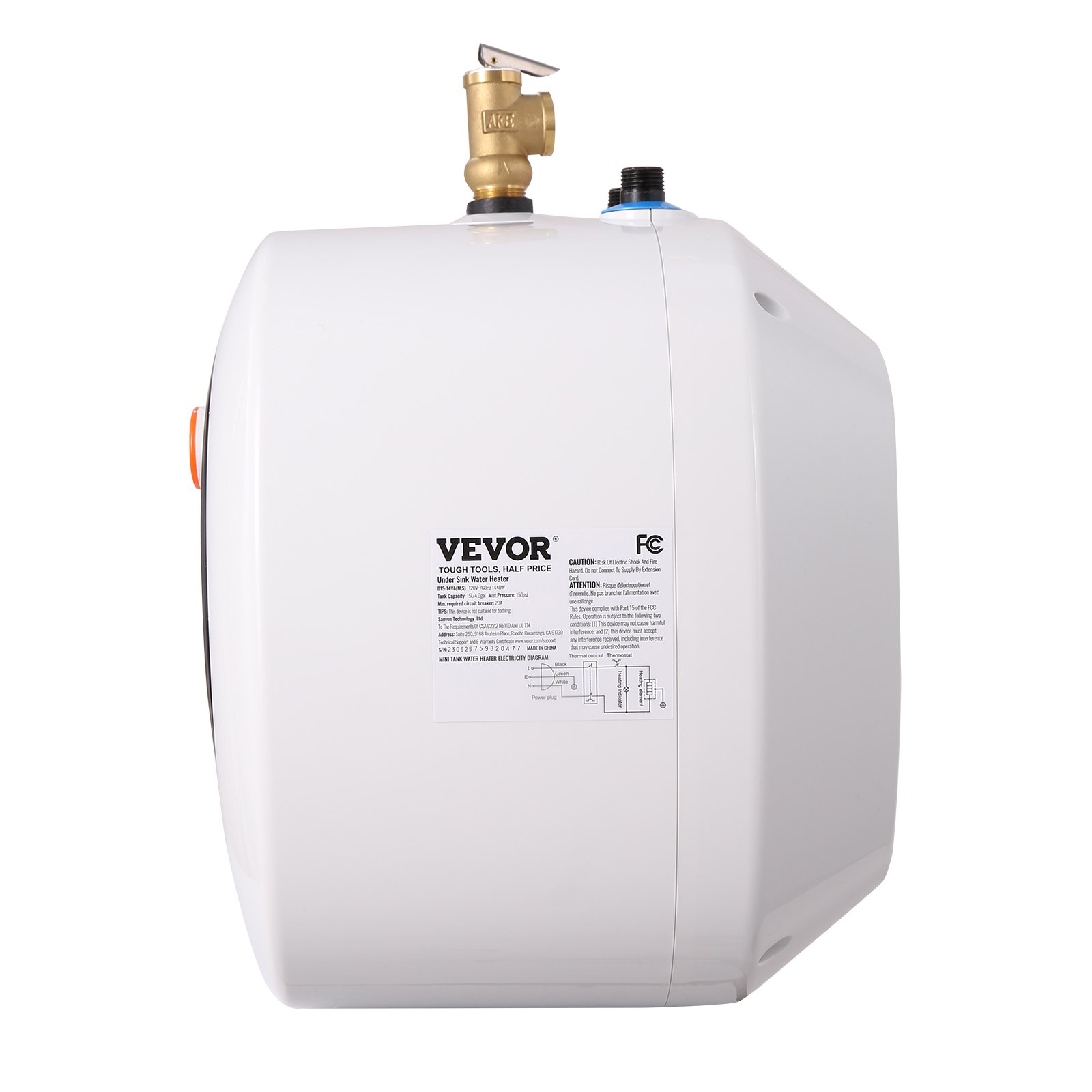 VEVOR Calentador de Agua Eléctrico Mini con Tanque 4 Galones de Almacenamiento, 1400 W, Válvula de Presión de Temperatura de Seguridad, Fácil Instalación, para Cocina, Baño, 375 x 400 x 317 mm
