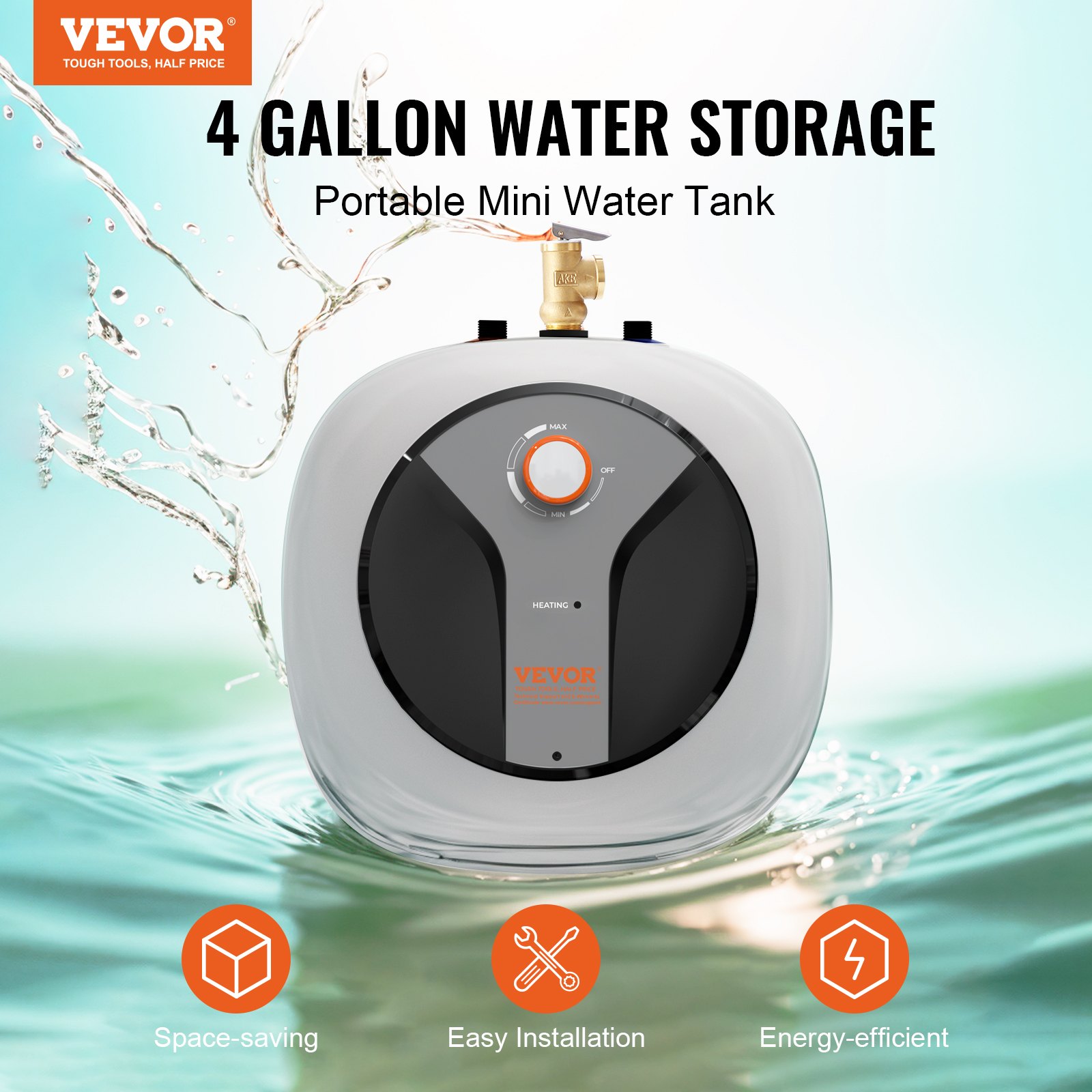 VEVOR Calentador de Agua Eléctrico Mini con Tanque de 4 Galones, 1440 W con Válvula de Presión de Temperatura de Seguridad, Fácil Instalación, para Cocina, Baño, Restaurante, 375 x 400 x 317 mm