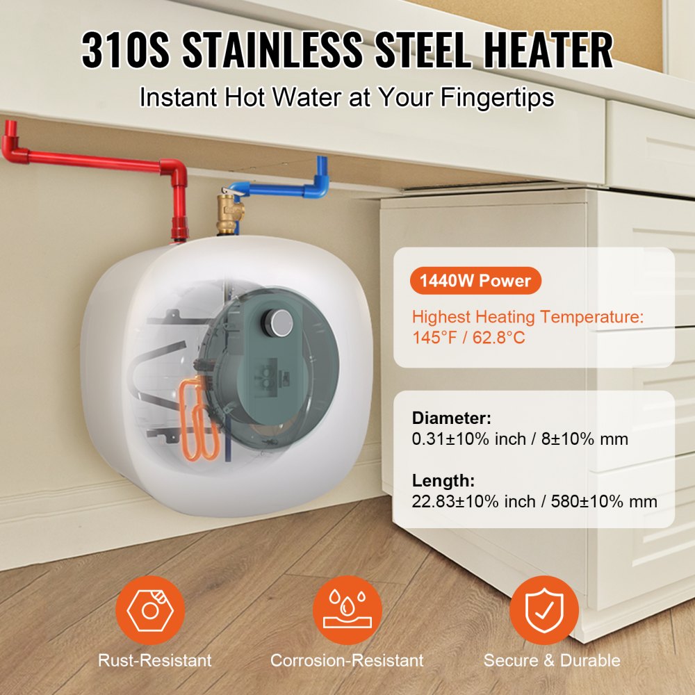 Calentador de agua eléctrico VEVOR con tanque de 8 galones, 1400 W de potencia, válvula de seguridad de temperatura y presión, fácil de instalar, para cocina, baño, restaurante, estante de pared o suelo.