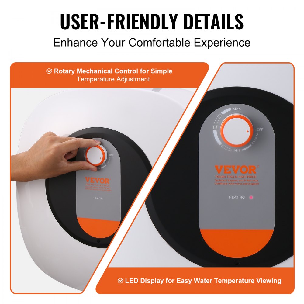 Calentador de agua eléctrico VEVOR con tanque de 8 galones, 1400 W de potencia, válvula de seguridad de temperatura y presión, fácil de instalar, para cocina, baño, restaurante, estante de pared o suelo.