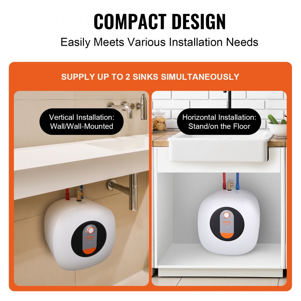 Calentador de agua eléctrico VEVOR con tanque de 8 galones, 1400 W de potencia, válvula de seguridad de temperatura y presión, fácil de instalar, para cocina, baño, restaurante, estante de pared o suelo.