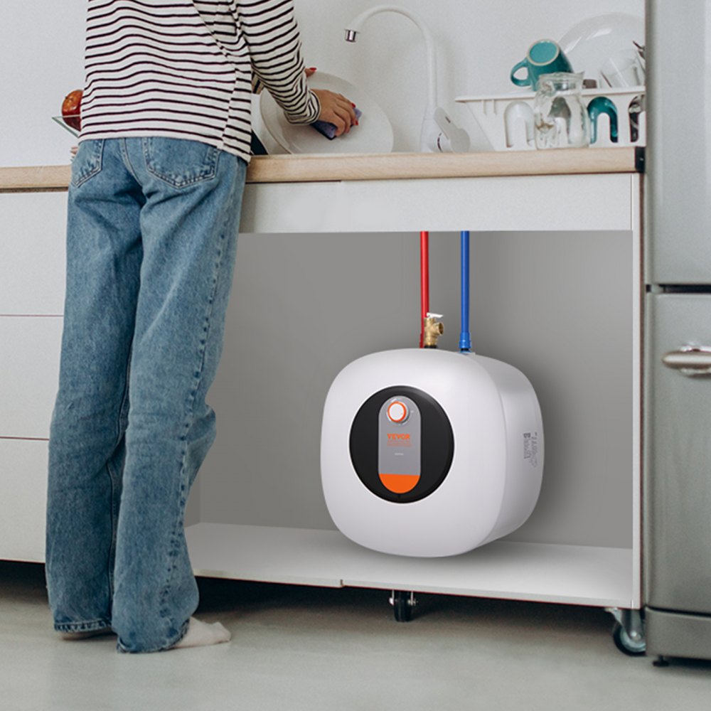 Calentador de agua eléctrico VEVOR con tanque de 8 galones, 1400 W de potencia, válvula de seguridad de temperatura y presión, fácil de instalar, para cocina, baño, restaurante, estante de pared o suelo.