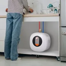 VEVOR Calentador de agua eléctrico con mini tanque, almacenamiento de caldera de agua caliente con tanque de 8 galones, potencia de 1400 W, válvula de presión de temperatura de seguridad fácil de instalar, para cocina, baño, restaurante, estante montado en la pared