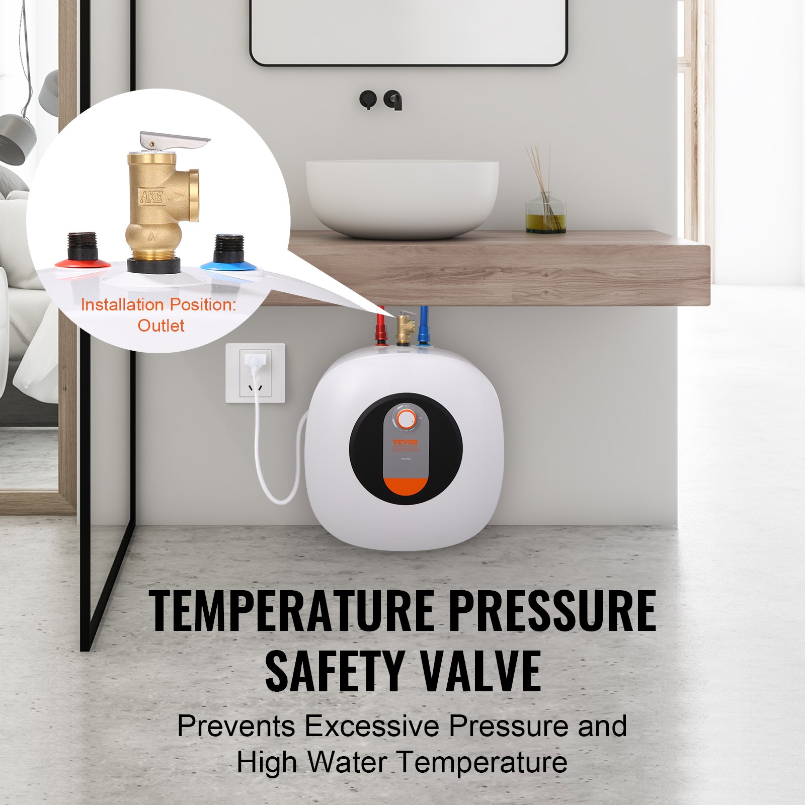 Calentador de agua eléctrico VEVOR con tanque de 8 galones, 1400 W de potencia, válvula de seguridad de temperatura y presión, fácil de instalar, para cocina, baño, restaurante, estante de pared o suelo.