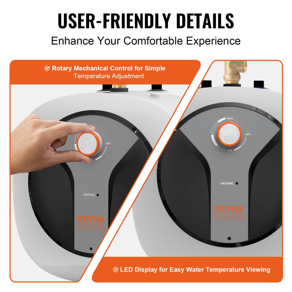 VEVOR Calentador de Agua Eléctrico Mini con Tanque de 8 Galones de 1440 W con Almacenamiento, Válvula de Presión de Temperatura de Seguridad de Fácil Instalación, para Cocina, Baño, 440 x 460 x 385 mm