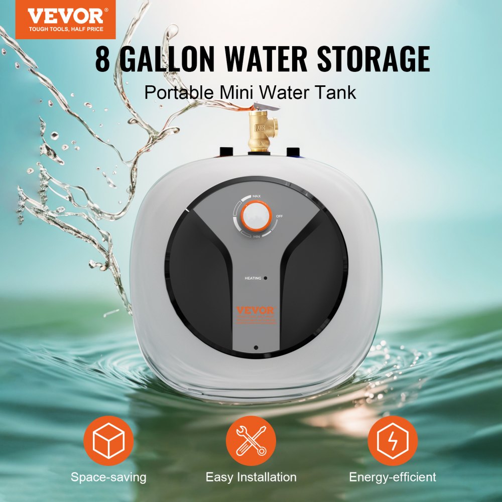 VEVOR Calentador de Agua Eléctrico Mini con Tanque de 8 Galones de 1440 W con Almacenamiento, Válvula de Presión de Temperatura de Seguridad de Fácil Instalación, para Cocina, Baño, 440 x 460 x 385 mm