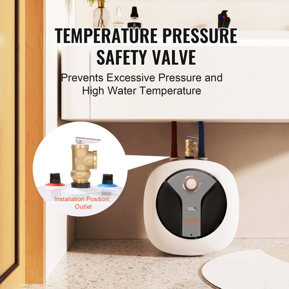 VEVOR Calentador de Agua Eléctrico Mini con Tanque de 8 Galones de 1440 W con Almacenamiento, Válvula de Presión de Temperatura de Seguridad de Fácil Instalación, para Cocina, Baño, 440 x 460 x 385 mm