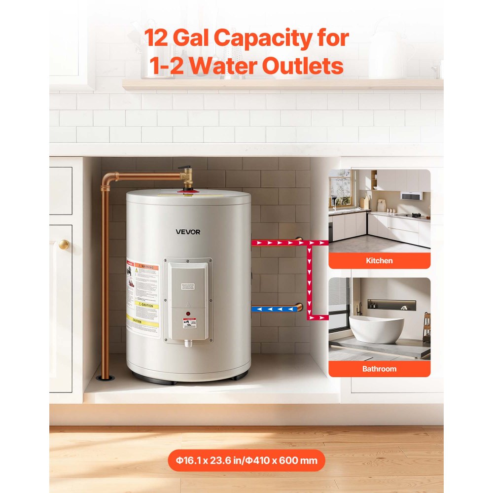 Calentador de agua eléctrico VEVOR de 12 galones, 1600 W, punto de uso, pantalla LED, control de perilla, salida lateral, diseño de almacenamiento de 120 V con válvula de temperatura y presión para apartamentos y estudios pequeños, gris
