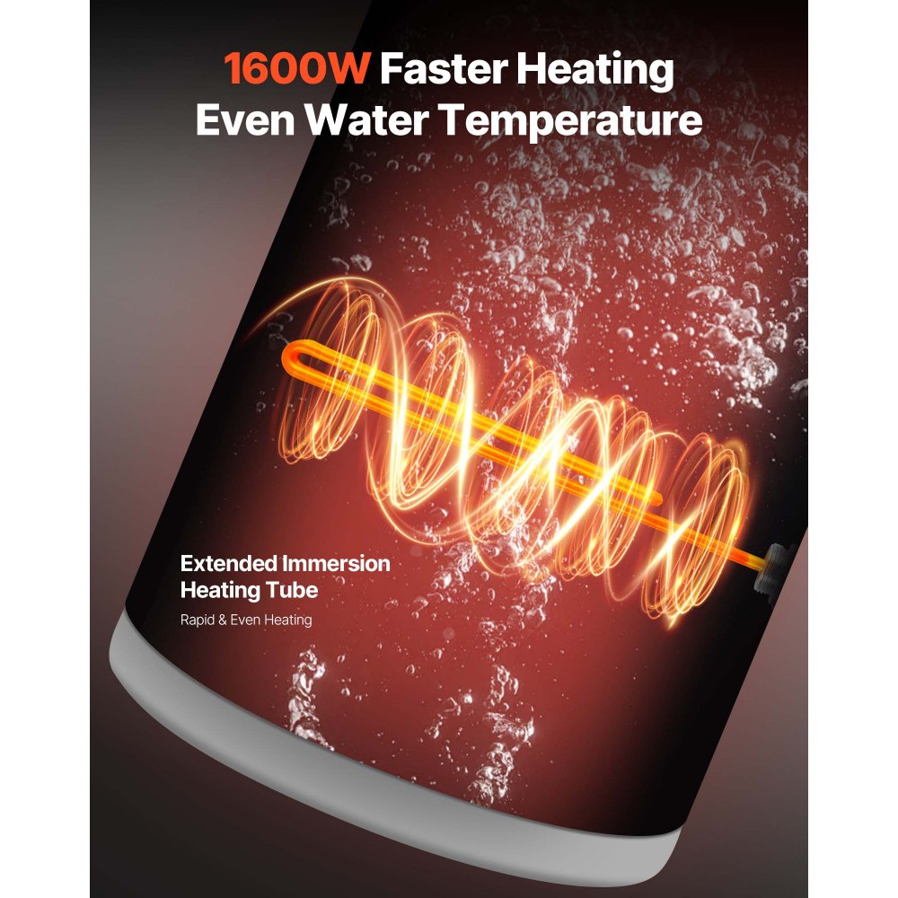 Calentador de agua eléctrico VEVOR de 12 galones, 1600 W, punto de uso, pantalla LED, control de perilla, salida lateral, diseño de almacenamiento de 120 V con válvula de temperatura y presión para apartamentos y estudios pequeños, gris