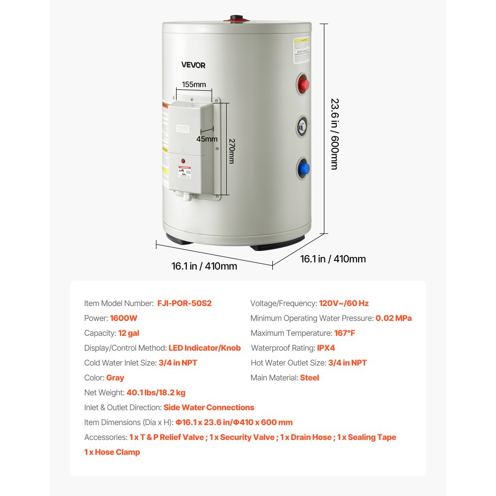Calentador de agua eléctrico VEVOR de 12 galones, 1600 W, punto de uso, pantalla LED, control de perilla, salida lateral, diseño de almacenamiento de 120 V con válvula de temperatura y presión para apartamentos y estudios pequeños, gris