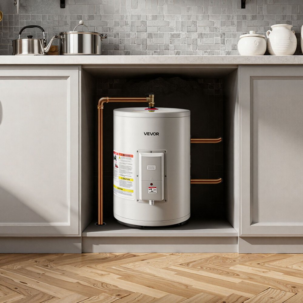 Calentador de agua eléctrico VEVOR de 12 galones, 1600 W, punto de uso, pantalla LED, control de perilla, salida lateral, diseño de almacenamiento de 120 V con válvula de temperatura y presión para apartamentos y estudios pequeños, gris