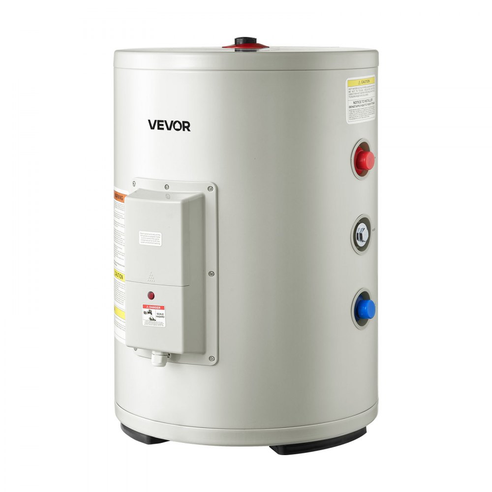 Calentador de agua eléctrico VEVOR de 12 galones, 1600 W, punto de uso, pantalla LED, control de perilla, salida lateral, diseño de almacenamiento de 120 V con válvula de temperatura y presión para apartamentos y estudios pequeños, gris