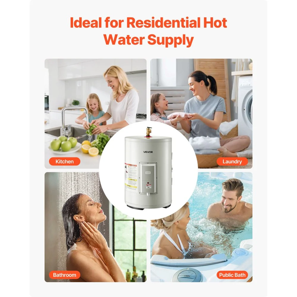 Calentador de agua eléctrico VEVOR de 12 galones, 1600 W, punto de uso, pantalla LED, control de perilla, salida lateral, diseño de almacenamiento de 120 V con válvula de temperatura y presión para apartamentos y estudios pequeños, gris