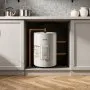 Calentador de agua eléctrico VEVOR de 12 galones, 1600 W, punto de uso, pantalla LED, control de perilla, salida lateral, diseño de almacenamiento de 120 V con válvula de temperatura y presión para apartamentos y estudios pequeños, gris