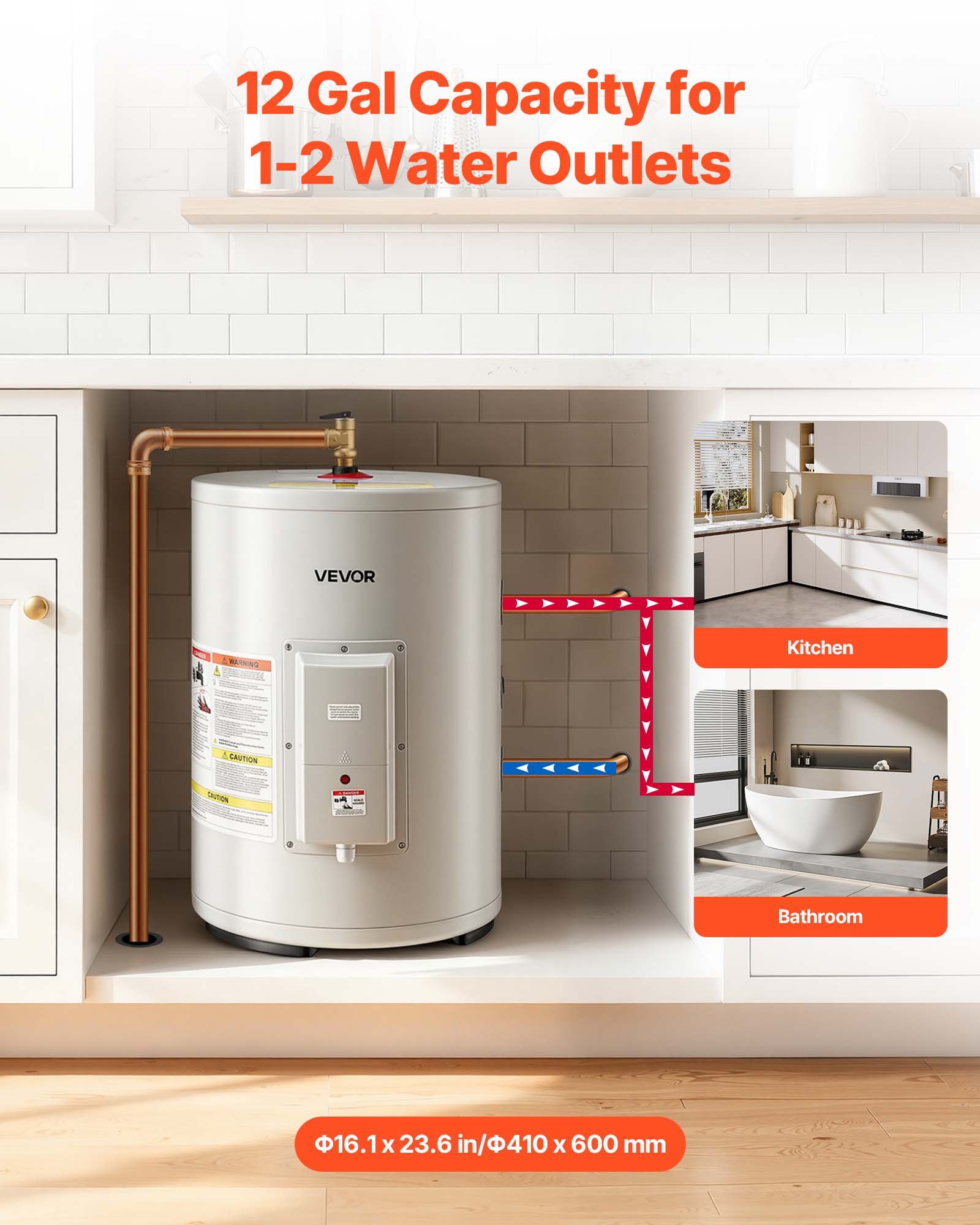 Calentador de agua eléctrico VEVOR de 12 galones, 1600 W, punto de uso, pantalla LED, control de perilla, salida lateral, diseño de almacenamiento de 120 V con válvula de temperatura y presión para apartamentos y estudios pequeños, gris