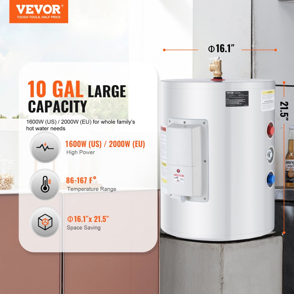 VEVOR Electric Water Heater, 10 Gallon Tank Instant Hot Water Heater, 1.6Kw Tankless Water Heater w/ LED Display,Knob Control, IPX4 Waterproof Side Connection On Demand Heaters for Shower, Bath