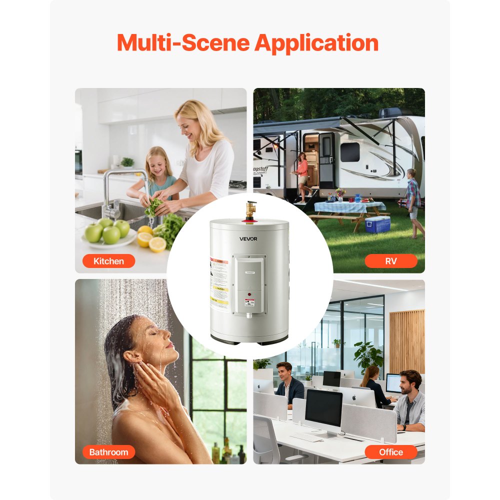 Calentador de agua eléctrico VEVOR de 6 galones, 1600 W, punto de uso, pantalla LED, control de perilla, salida superior, diseño de almacenamiento de 120 V con válvula de temperatura y presión para apartamentos tipo estudio y autocaravanas, color gris