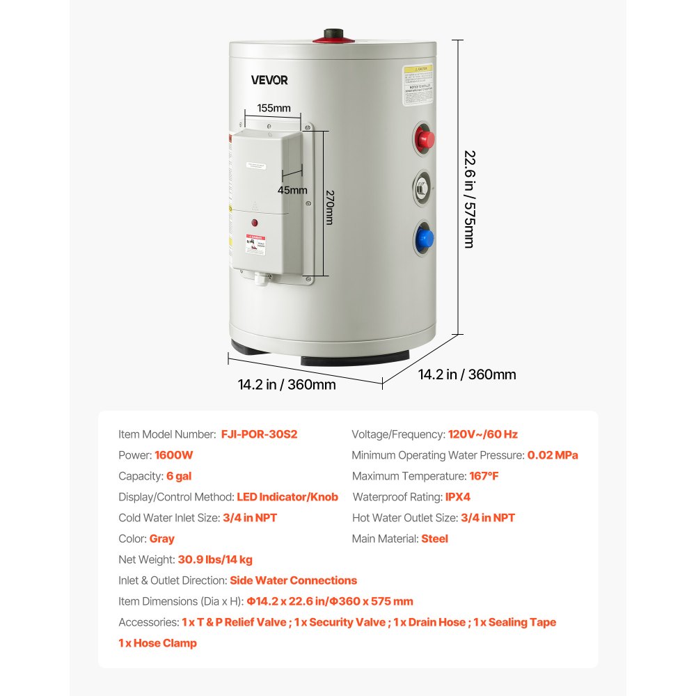 Calentador de agua eléctrico VEVOR de 6 galones, 1600 W, punto de uso, pantalla LED, control de perilla, salida superior, diseño de almacenamiento de 120 V con válvula de temperatura y presión para apartamentos tipo estudio y autocaravanas, color gris