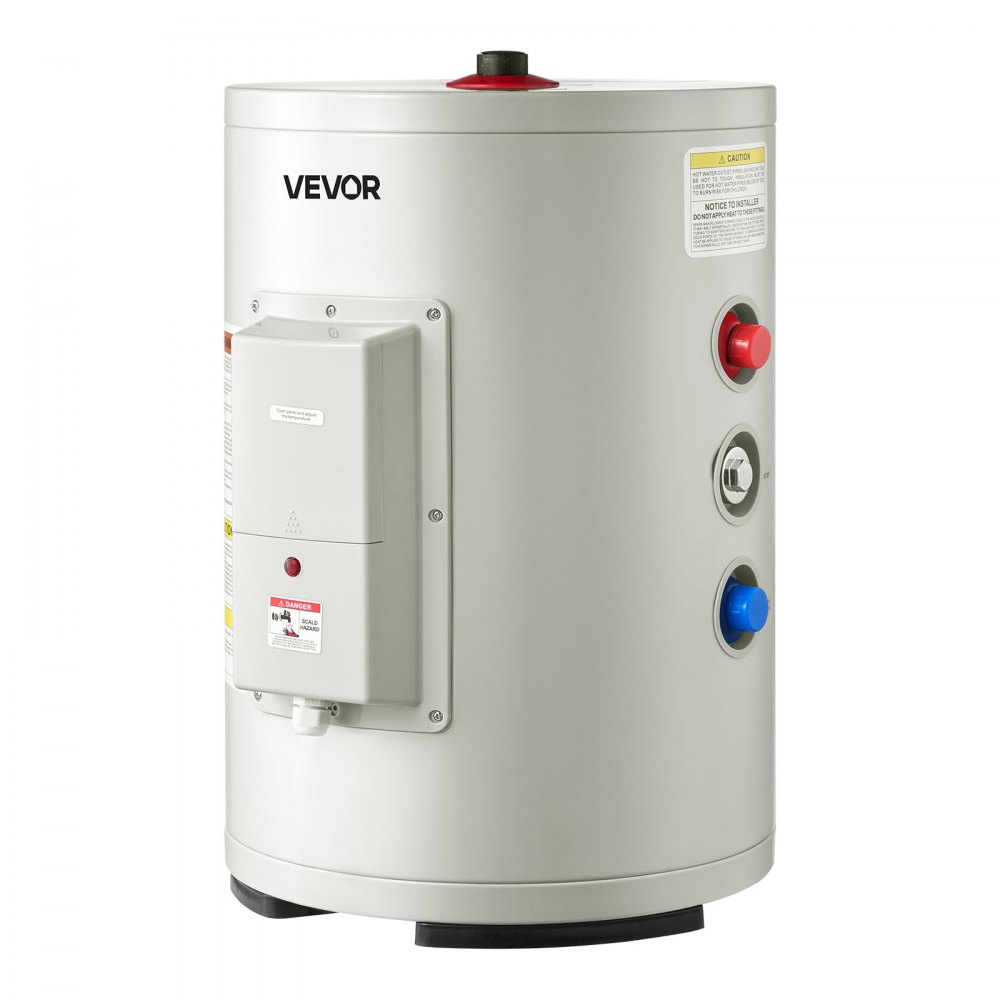 Calentador de agua eléctrico VEVOR de 6 galones, 1600 W, punto de uso, pantalla LED, control de perilla, salida superior, diseño de almacenamiento de 120 V con válvula de temperatura y presión para apartamentos tipo estudio y autocaravanas, color gris