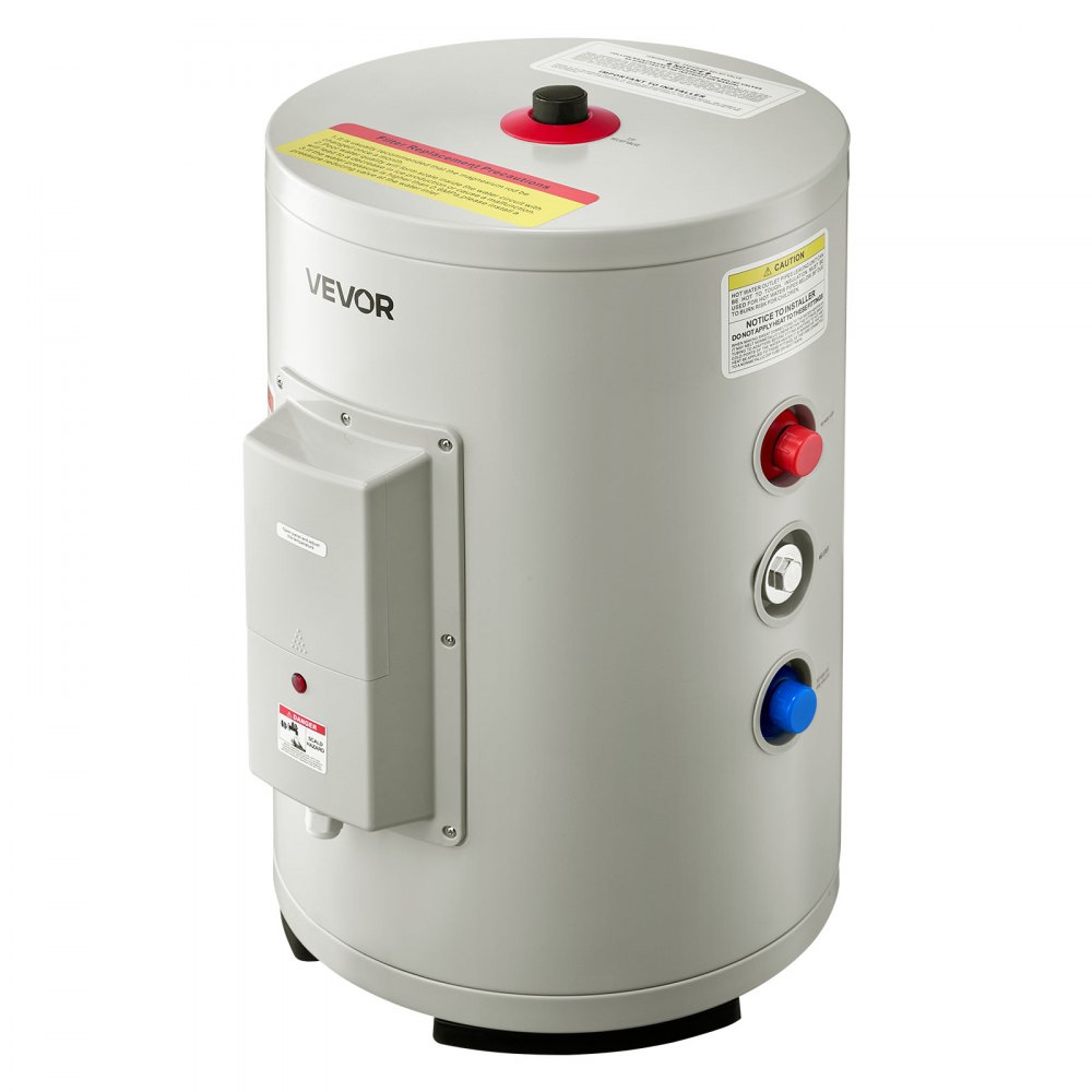 Calentador de agua eléctrico VEVOR de 6 galones, 1600 W, punto de uso, pantalla LED, control de perilla, salida superior, diseño de almacenamiento de 120 V con válvula de temperatura y presión para apartamentos tipo estudio y autocaravanas, color gris