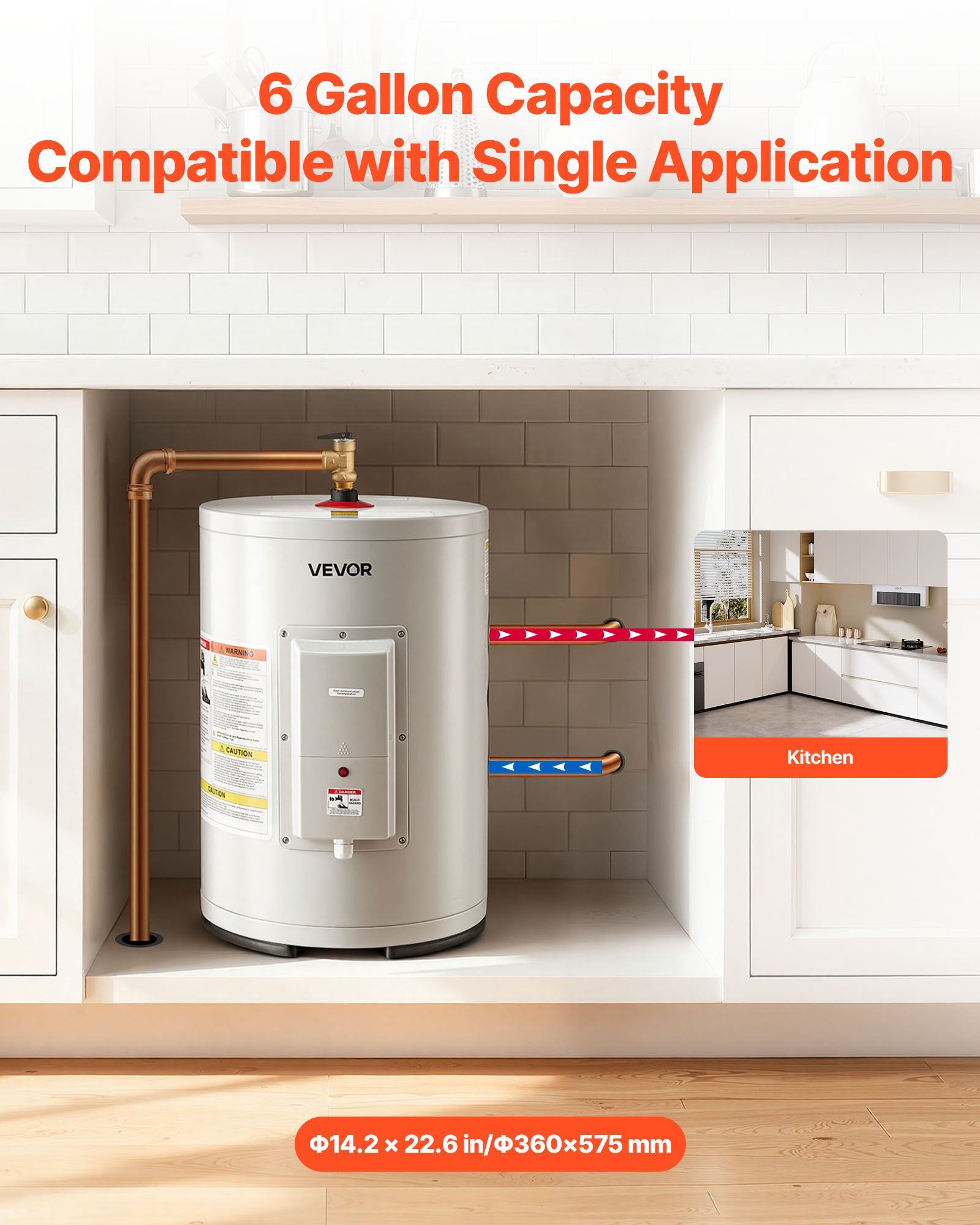 Calentador de agua eléctrico VEVOR de 6 galones, 1600 W, punto de uso, pantalla LED, control de perilla, salida superior, diseño de almacenamiento de 120 V con válvula de temperatura y presión para apartamentos tipo estudio y autocaravanas, color gris