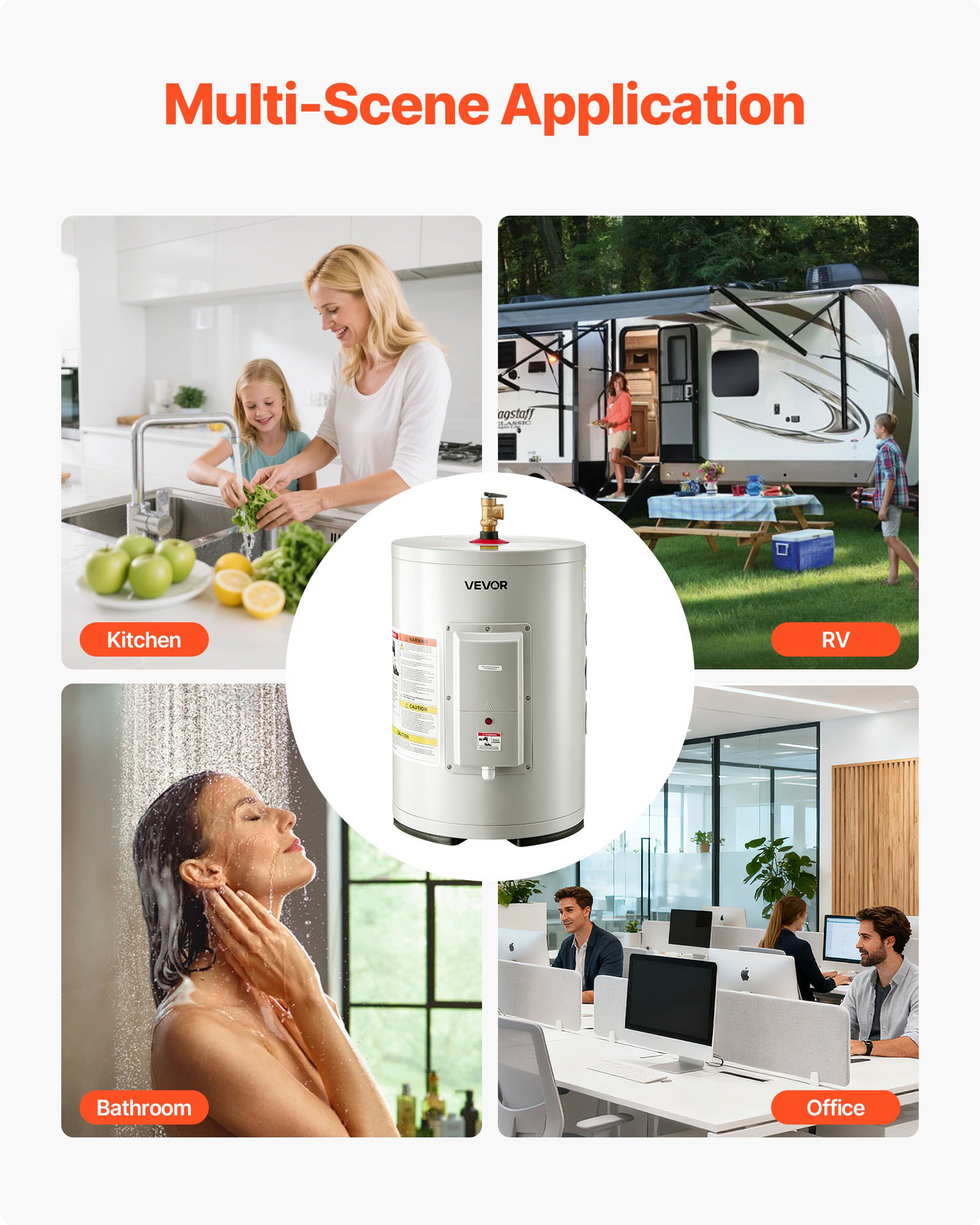 Calentador de agua eléctrico VEVOR de 6 galones, 1600 W, punto de uso, pantalla LED, control de perilla, salida superior, diseño de almacenamiento de 120 V con válvula de temperatura y presión para apartamentos tipo estudio y autocaravanas, color gris