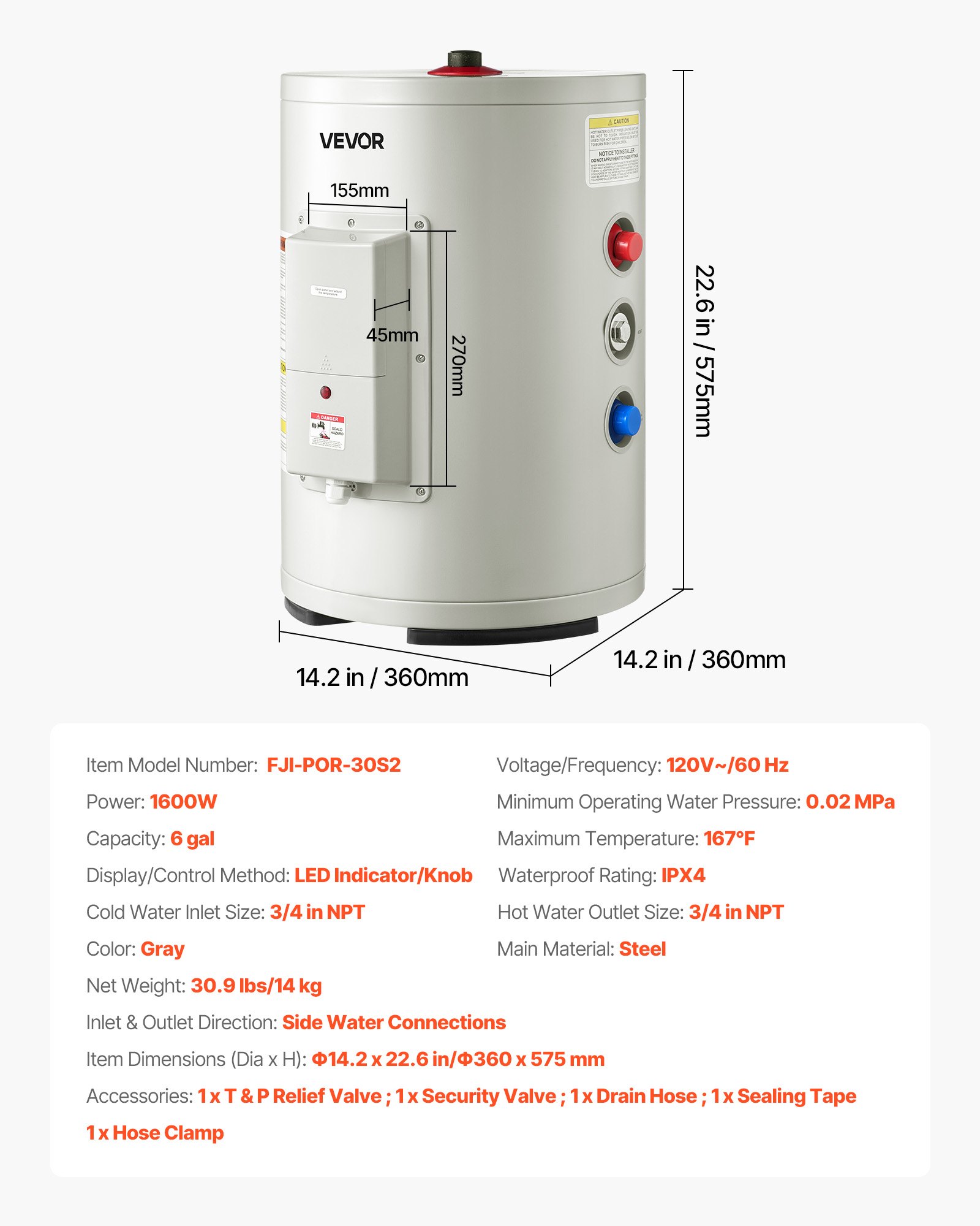 Calentador de agua eléctrico VEVOR de 6 galones, 1600 W, punto de uso, pantalla LED, control de perilla, salida superior, diseño de almacenamiento de 120 V con válvula de temperatura y presión para apartamentos tipo estudio y autocaravanas, color gris