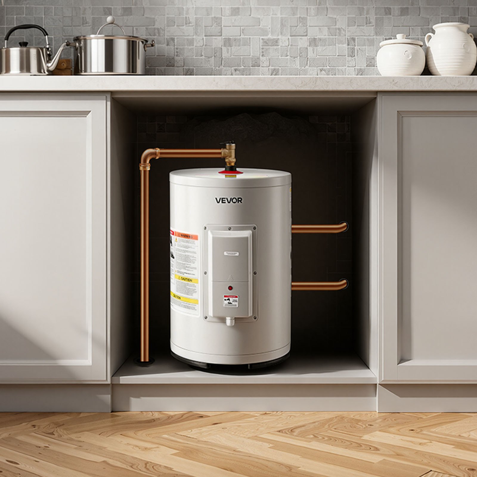 Calentador de agua eléctrico VEVOR de 6 galones, 1600 W, punto de uso, pantalla LED, control de perilla, salida superior, diseño de almacenamiento de 120 V con válvula de temperatura y presión para apartamentos tipo estudio y autocaravanas, color gris
