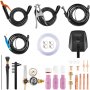 Soldador de plasma VEVOR con accesorios: cables, abrazaderas, manguera, manómetro, antorcha, puntas y kit de casco.