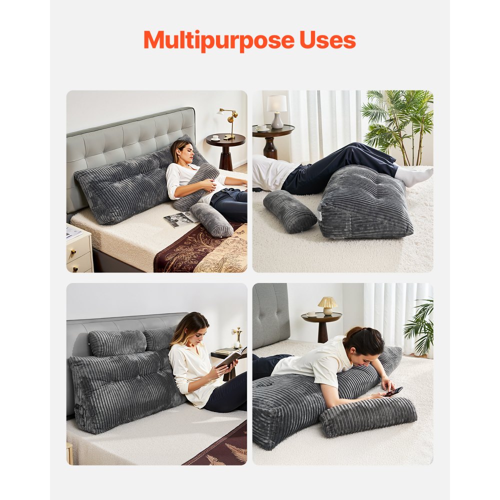 VEVOR - Almohada para cabecero de cama, tamaño queen, con 2 bolsillos laterales y 2 reposacabezas, con tela de franela lavable, ideal para leer, jugar, descansar y trabajar en la cama, color gris.