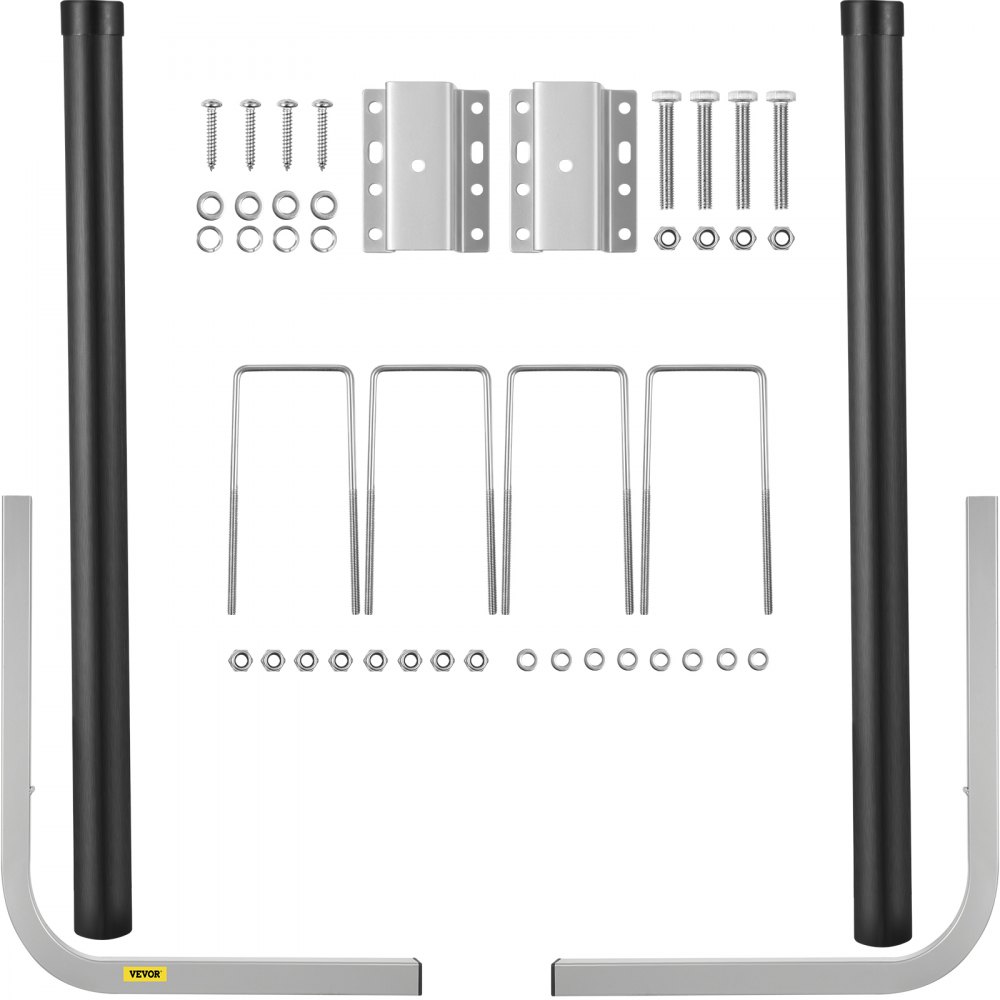 Guía de diseño de piezas para remolque de barco VEVOR, incluidos soportes, tornillos, pernos en U y postes negros.