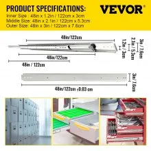 VEVOR Guías para cajones, 1 par de guías para cajones resistentes de 48 pulgadas, guías para cajones de montaje lateral con cojinetes de bolas, capacidad de carga de 500 LBS Guías para cajones de extensión completa de 3 secciones para un deslizamiento suave, menos ruido