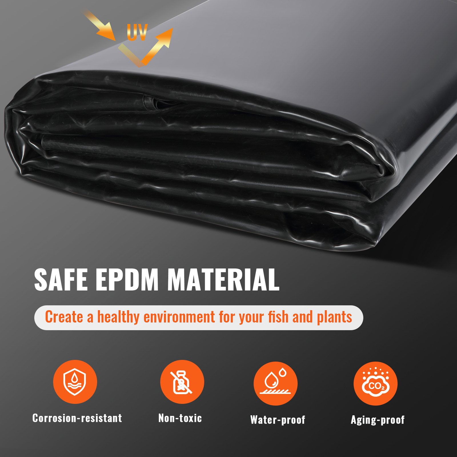 Revestimiento para estanque VEVOR hecho de material EPDM seguro, no tóxico, impermeable, resistente a la corrosión y con protección UV.