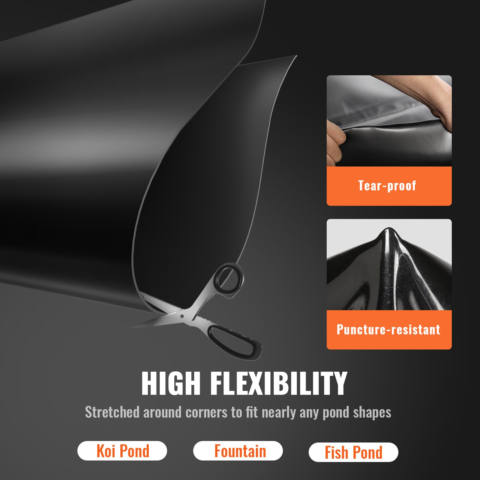 Revestimiento para estanque VEVOR de gran flexibilidad, resistente a desgarros y perforaciones, ideal para estanques koi y fuentes.