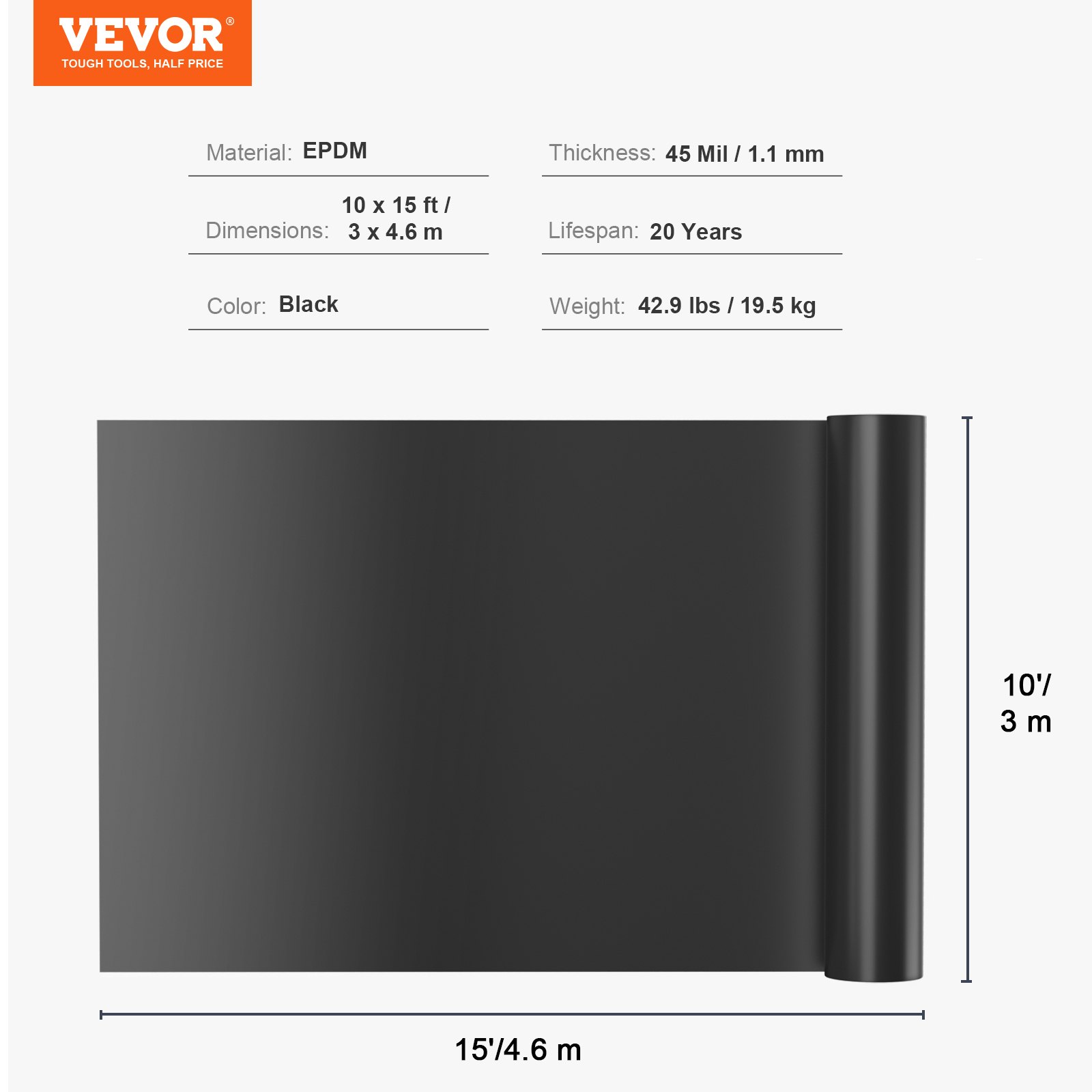 Revestimiento para estanque VEVOR, EPDM, 10 x 15 pies, 45 mil de espesor, negro, vida útil de 20 años, peso de 42,9 libras.