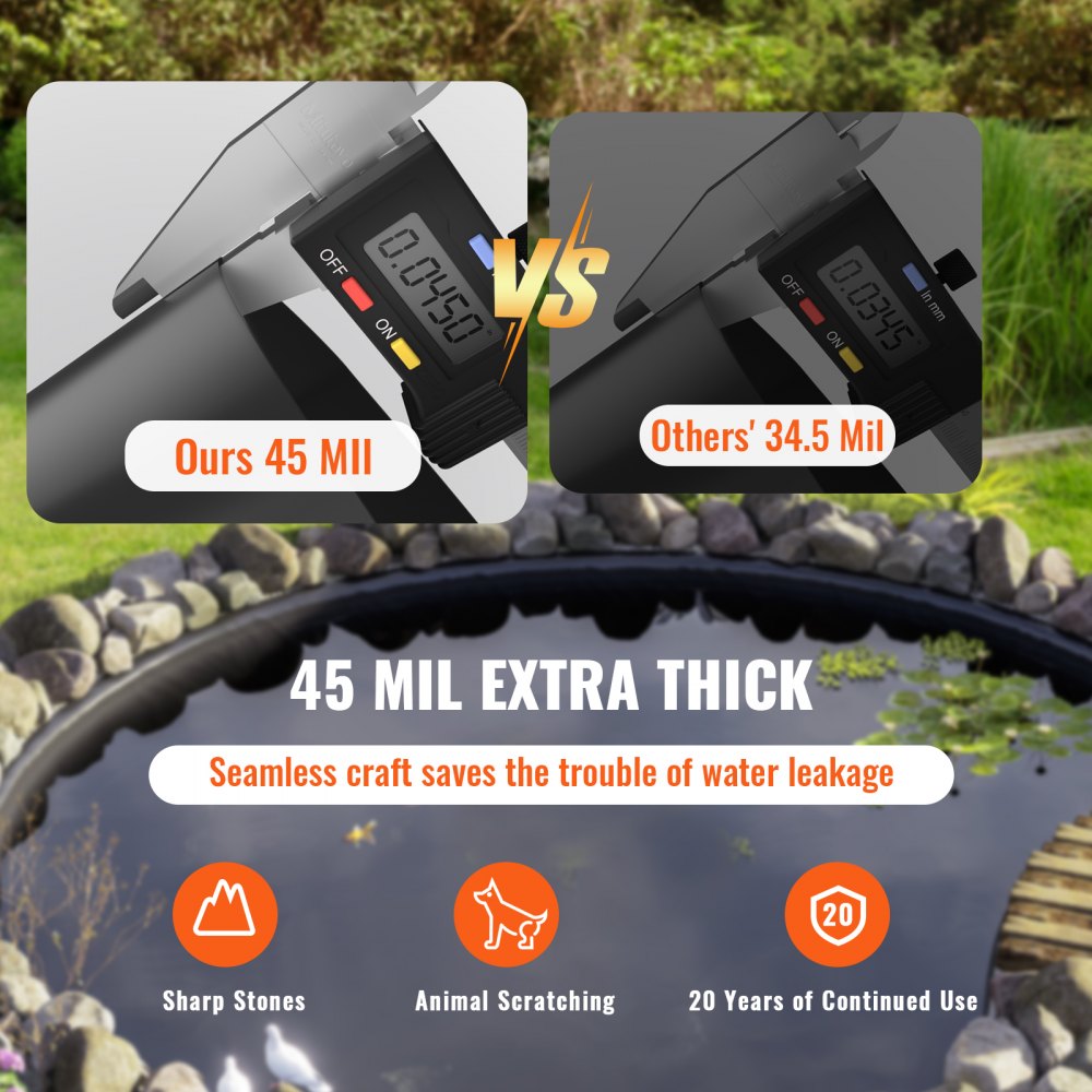 Revestimiento para estanque VEVOR, 9,1 x 10,7 m, 45 milésimas de pulgada de grosor, flexible, de EPDM, de fácil corte, para estanques de peces o koi, fuentes, bases de cascadas, jardines acuáticos, color negro.