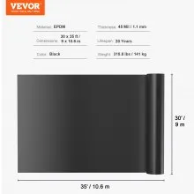 VEVOR Revestimiento para Estanque, 30 x 35 pies, 45 Mil de Espesor, Material EPDM Flexible, Capa Base para Estanques de Peces o Koi, Características de Agua, Base de Cascada, Fuentes, Jardines Acuáticos, Negro