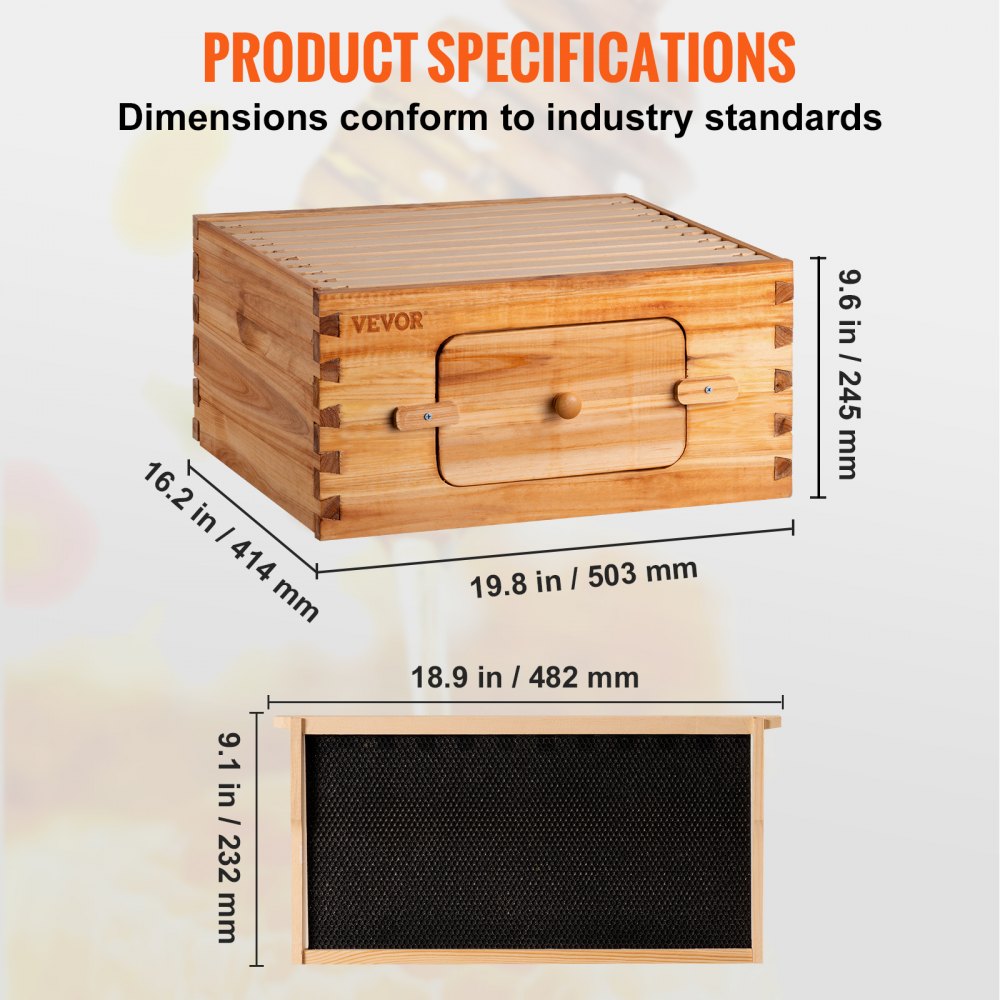 VEVOR Bee Hive, kit completo de colmena de 10 marcos, 100% madera natural de cera de abeja, incluye 1 caja profunda con 10 marcos de madera y bases enceradas, para apicultores principiantes y profesionales